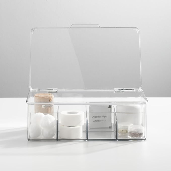 mDesign Plastic Divided First Aid Storage Box Kit with Hinge Lid for Bathroom, Kitchen, Cabinet, Closet - Organize Medicine, Ointments, Adhesive Bandages, Dental - 8 Sections, 2 Pack - Clear