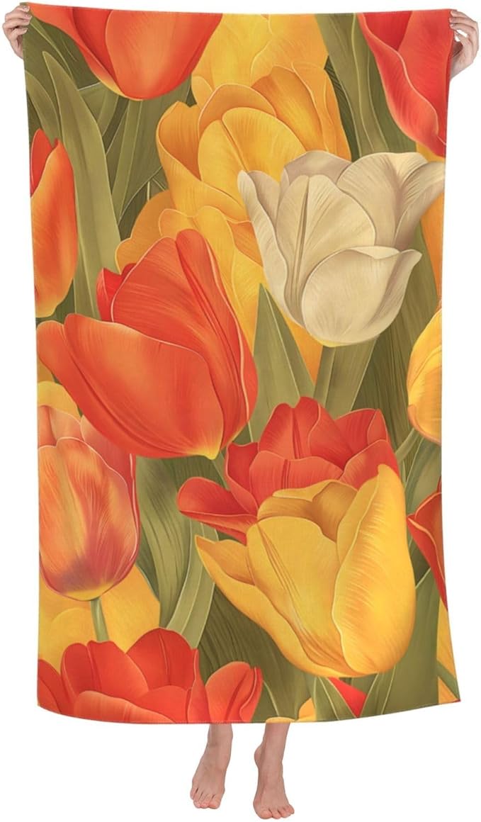 Tulip Beach Towel 31inx51in, Colorful Floral Sand-Free Microfiber Bath Towel Ultra Soft Quick Dry Pool Towel Absorbent Towel Lightweight Towel for Swimming Bathroom Decor