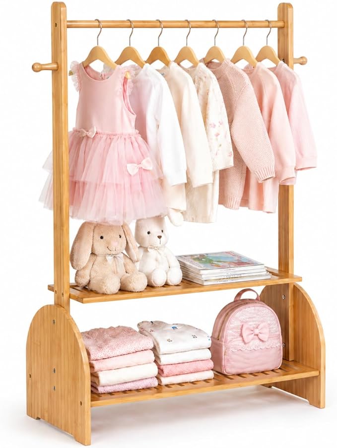 BAMBOOHOMIE Kids Clothing Rack with Adjustable Rods, Children Clothes Garment Rack for Kids Baby Pet, Kids Dress Up Rack with 2 Bottom Shelves, Kids Wardrobe Closet for Toddlers Nursery (Natural)