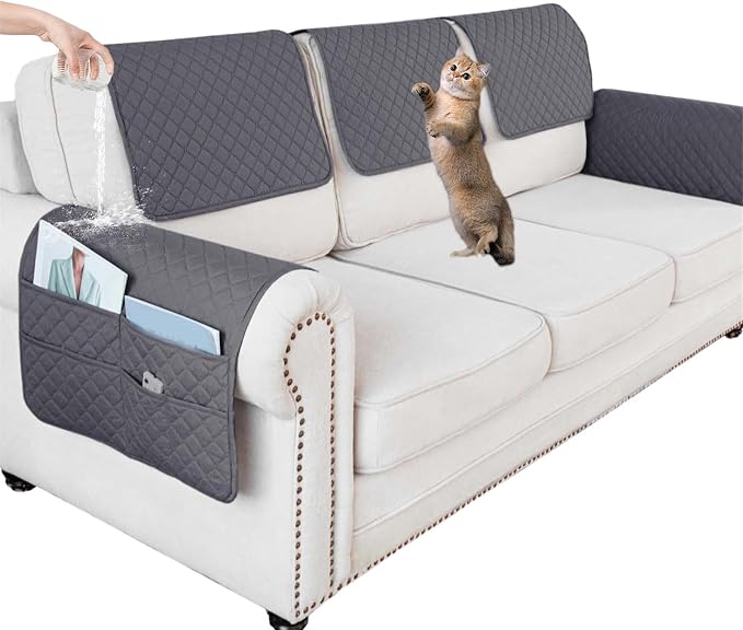 Large Polyester Armrest and Headrest Covers with 2 Pockets | Soft, smooth polyester resists daily wear nonslip silicone backing helps shield recliners and sofas from pet scratches