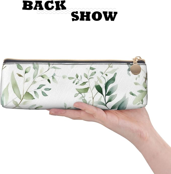 Leather Pen Case with Zipper - Aesthetic Pen Holder White Natural Greenery Twig Pencil Case for Women & Men - Handcrafted Pencil Bag Multi-Functional Travel Cosmetic Case for Work Office Tool Pouch