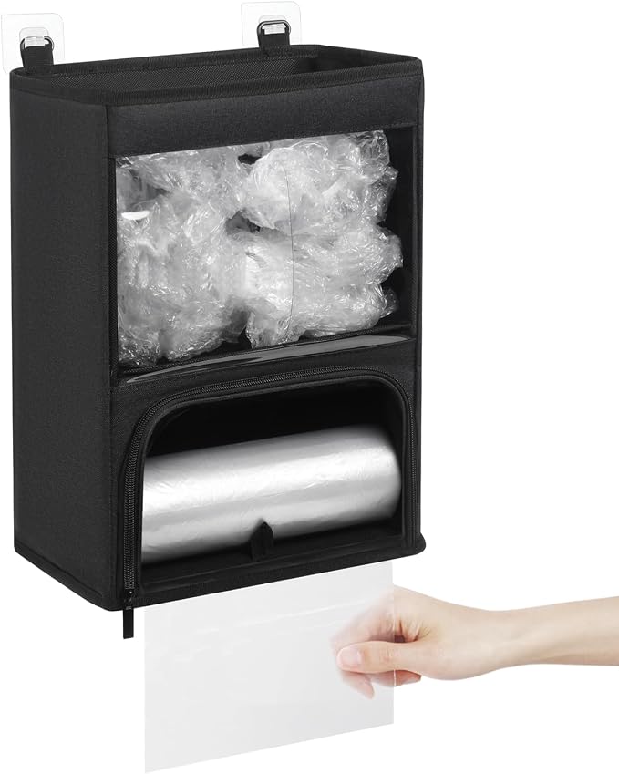 2-in-1 Plastic Bag Holder with Clear Window, Large Grocery Bag Holder and garbage bag dispenser with Easy-Access Openings, Trash bag organizer for Kitchen RV Cabinet Wall Mounted (Black）