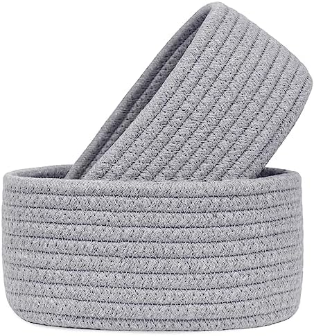 【2 Pack】ABenkle Small Woven Baskets, Tiny Oval Shallow Storage Baskets, Mini Cotton Rope Empty Decorative Basket, Boho Little Organizer Bins for Bathroom, Cat Dog Toy Gifts Baskets