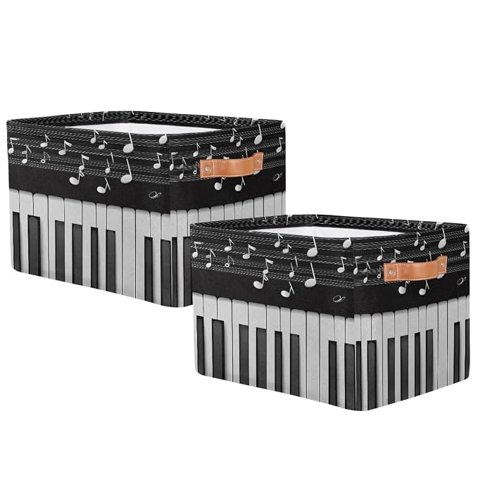 SEULIFE Abstract Piano Music Note Foldable Storage Basket, Large Collapsible Organizer Storage Bin Cube Toys Storage Boxes with Handles for Bathroom Kids Nursery Closet Storage, 2 Pack