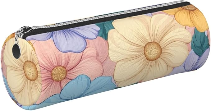 OSAM SPACE Leather Pencil Case Round Pencil Bag Flowers Boho Colorful Pen Organizer Holder Portable Zipper Pouch Cute School Supplies for Girls Boys Study Office