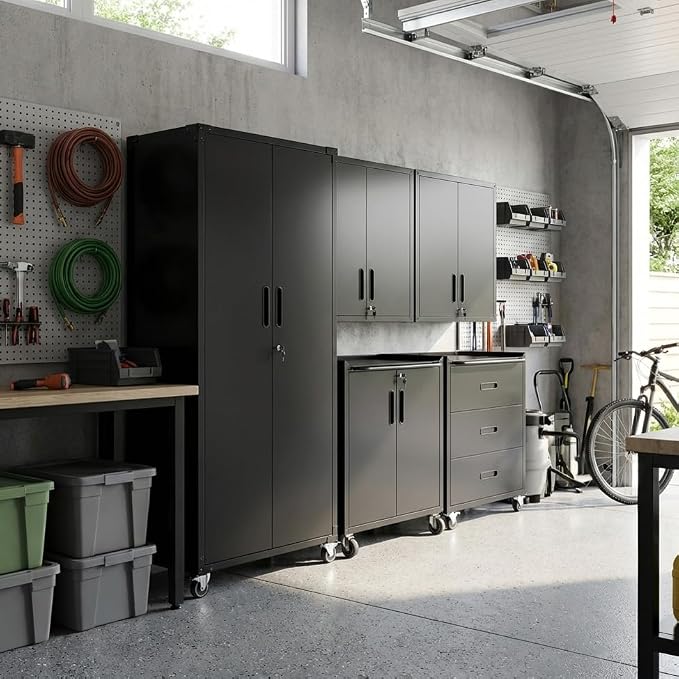 Garage Cabinet System | Heavy Duty Steel All-in-One Modular Garage Cabinet Set for Ultimate Workshop Organization | Easy Assembly Garage Storage Cabinets & Tool Bench
