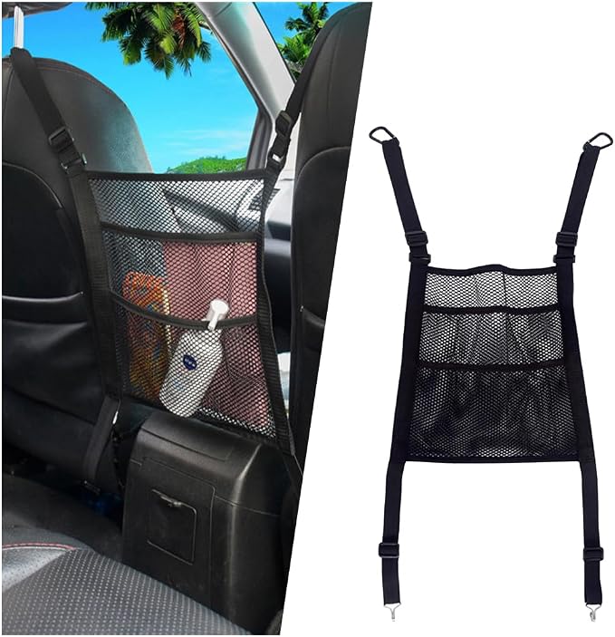 zipelo Car Mesh Organizer, 3 Layer Vehicle Barrier of Backseat Pet Kids, Elastic Automotive Net Pocket Handbag Tissue Purse Storage Net Holder Accessories, Universal for Car, SUV, Van