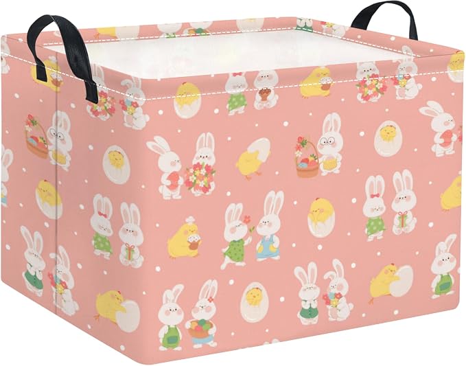 Rectangular Easter Basket for Home Kitchen Baby Girls Basket Cute Storage Bin Organizer Shelf Book Room Decor(Pink Cute Bunny)