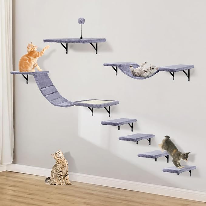 Cat Wall Shelves, Space-Saving Wall-Mounted Cat Climbing Set for Large Cats | Multi-Level Climbing System, Wall Furniture, Bed, Steps, Hammock, Wall Scratcher, Indoor Cat 40 lbs Small Place Corner Room