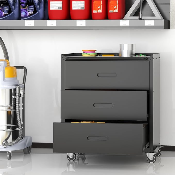 Mobile Garage Tool Storage Cabinet with 3 Drawers,Black Rolling Cabinet | Heavy Duty Metal Storage Cabinets for Garage Basement Workshop,Assembly Required