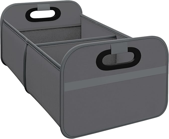 Car Trunk Organizer, Foldable Car Trunk Storage Box with 2 Compartments & Mesh Pocket, Large Capacity, Portable with Handle, Collapsible Backseat Storage Organizer for SUV Truck Sedan (Gray)