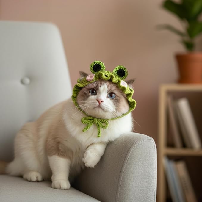 Cute Cat Hat Costume Suitable for 5 to16 lbs - Frog Cat Bonnet Head Circumference 11" or Less Cat Halloween Costumes Pet Photography Outfits