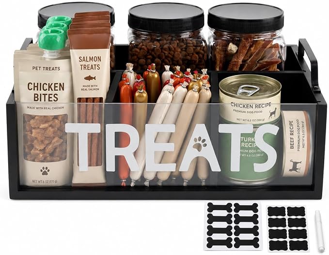 Dog Treat Container for Countertop, Pet Treat Storage Organizer with 3 Jars and Compartments, Cat Food Container with Handle, Dog Treat Organizer Bin
