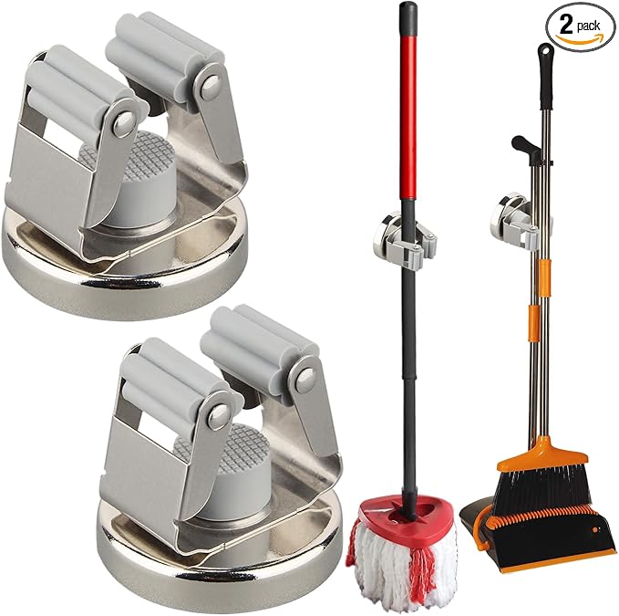 MUTUACTOR Magnetic Broom Holders,2pcs Anti-broken Heavy Duty Magnetic Clips Wall Mount,No Drilling 10lbs Magnetic Hooks Broom Mop Brackets for Work Cargo Garage Laundry Work Van Accessories
