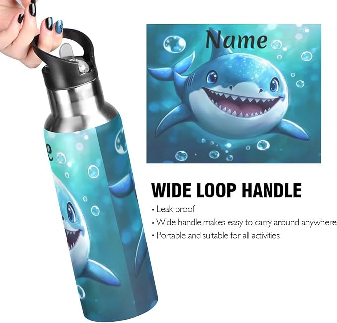 Custom Name Cute Blue Shark Bubbles Water Bottle with Straw Lid Kids Insulated Stainless Steel Water Flask Sports, 20 Oz Hot Cold