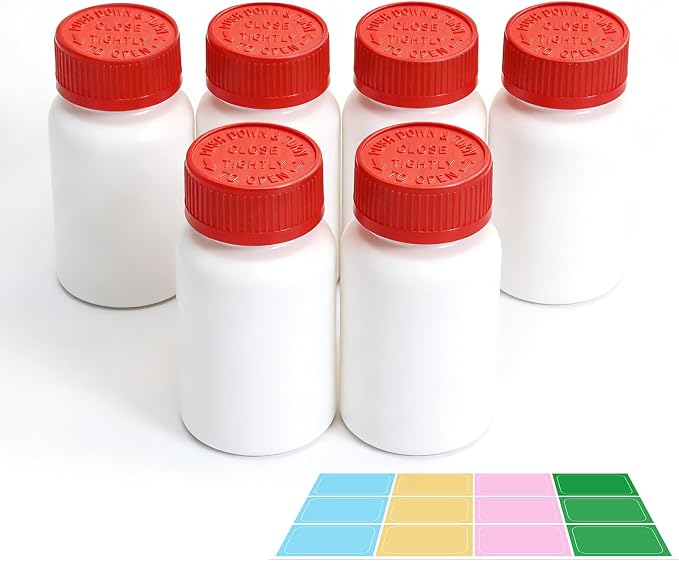 6 Pack 5oz Travel Pill Bottles - White Food Grade Plastic with Screw Caps & Labels, Small Pill Organizer for Pills, Vitamins, Capsules