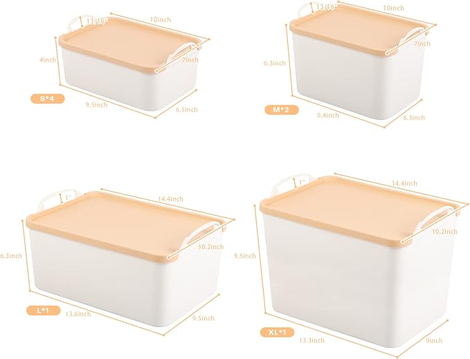 ANMINY White Plastic Storage Bins Baskets with Lids, 8-Pack, 1XL+1L+2M+4S | Large Plastic Bins, Sturdy PET, with Handles, Stackable, Opaque Storage Boxes, for Closet Shelves Desk, Wheat Lids