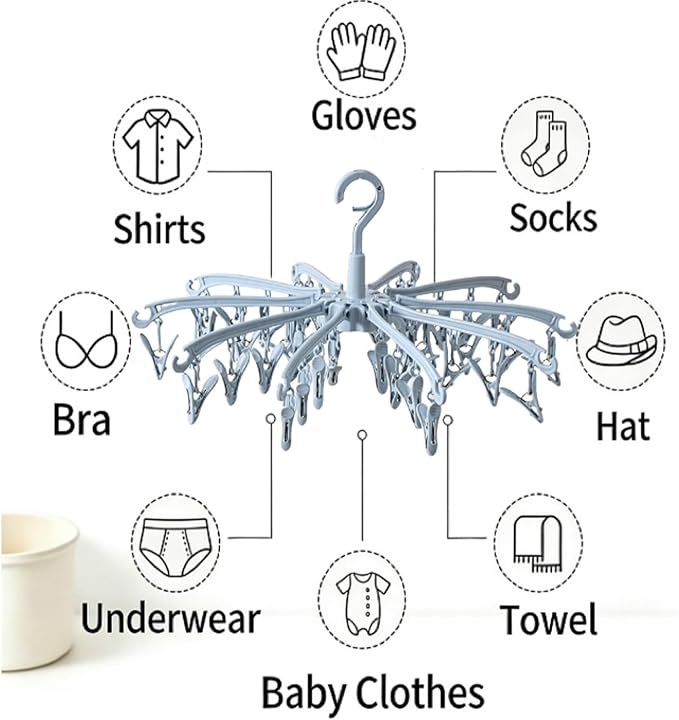 Clothes Sock Drying Hanger with 40 Clips,Foldable Hanging Rack | for Drying Socks Lingerie Baby Clothes Drying Towels Rotatable Sock Drying Rack with 40 Pegs Clips(Blue)