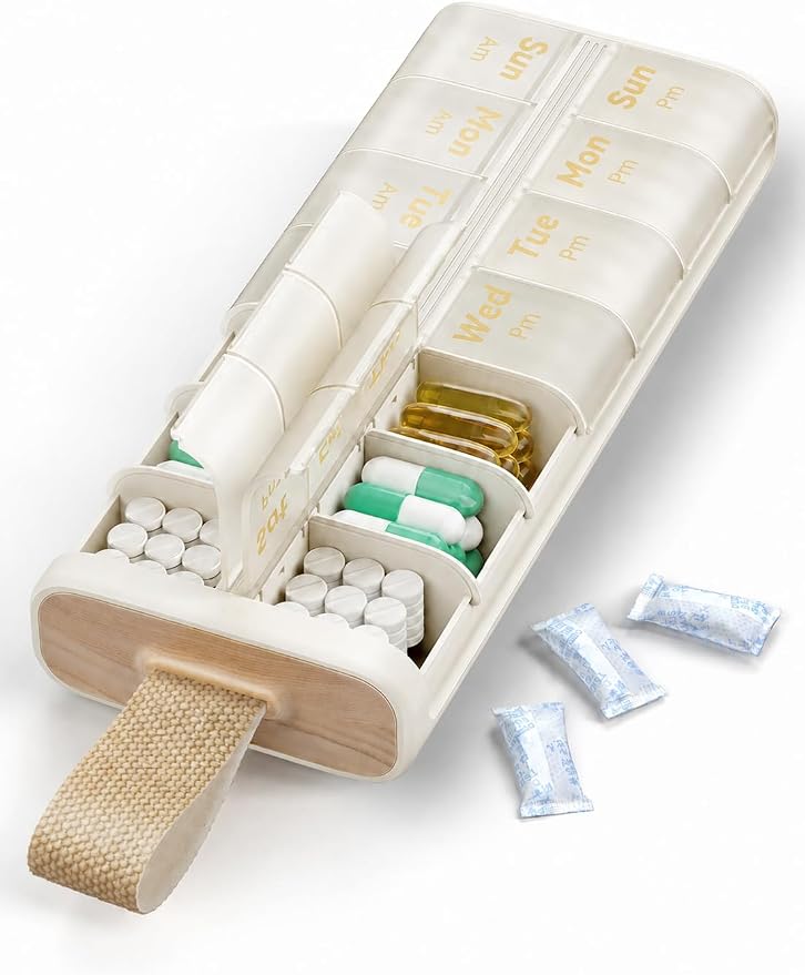 Pill Organizer 2 Times a Day, Built-in Desiccant | 7 Day AM PM Weekly Pill Box, Easy-Open, Portable Carry Handle, BPA-Free, Matte Privacy Case for Supplements and Vitamins