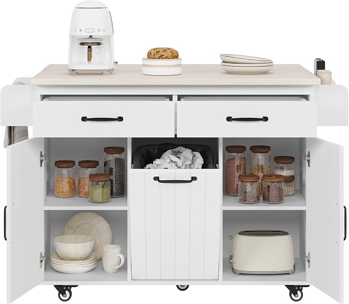 51" Farmhouse Kitchen Island with Trash Can & Storage - Modern White Rolling Kitchen Island with Drop Leaf, Spice Rack, Towel Rack, 20.55"D x 51.06"W x 35.04"H