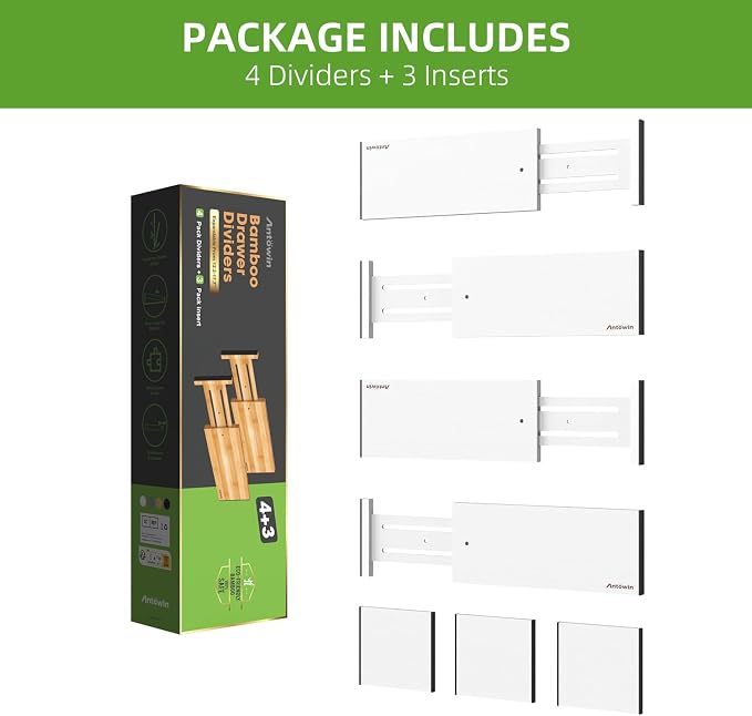 4 Pack Expandable Drawer Dividers, 4.7'' High, Extend from 12.2'' to 17.7'', Bamboo Dresser Drawer Organizers Separators for Kitchen, Bedroom, Office, Bathroom (White)