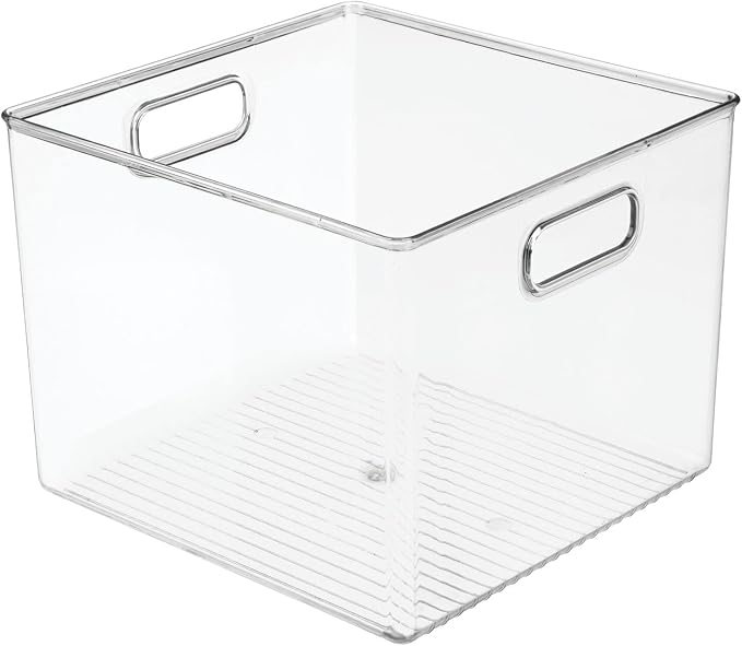 mDesign Plastic Modern Storage Organizer Bin Basket with Handles for Bathroom Organization - Shelf, Cubby, Cabinet, Vanity, and Closet Organizing Decor - Ligne Collection - Clear