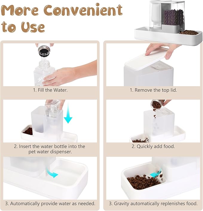 GearRoot Automatic Cat Feeder and Water Dispenser, 2 in 1 Gravity Pet Food Feeder and Water Dispenser Detachable Cat Food Dispenser for Small Dogs and Cats, White