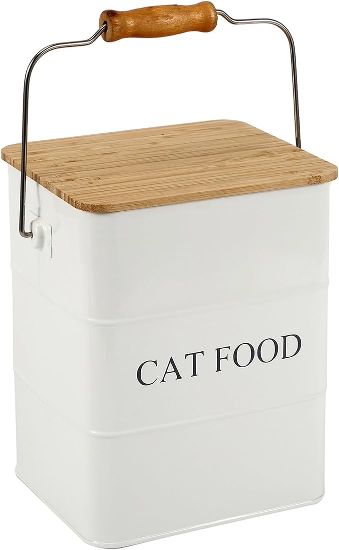 Morezi Cat Food Storage Container Storage bin with Wooden lid Scoop Included White Metal cat Food Container in Kitchen countertop