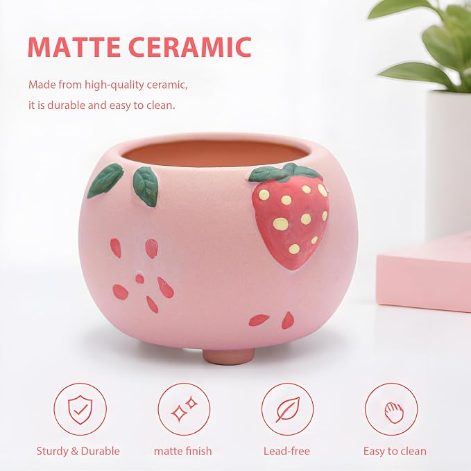 Ceramic Strawberry Shaped Pen Pencil Holder for Desk Decoration Accessories Strawberry Decor Makeup Brush Pen Cups Succulent Plant Pot Office School Ideal Gifts for Women, Mom or Birthdays (red)