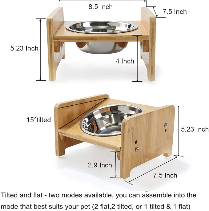 FOREYY Set of 2 Raised Pet Bowls for Cats and Small Dogs - Bamboo Tilted Single Elevated Dog Cat Food and Water Bowls Stand Feeder with 3 Stainless Steel Bowls and Anti Slip Feet for Comfort Feeding