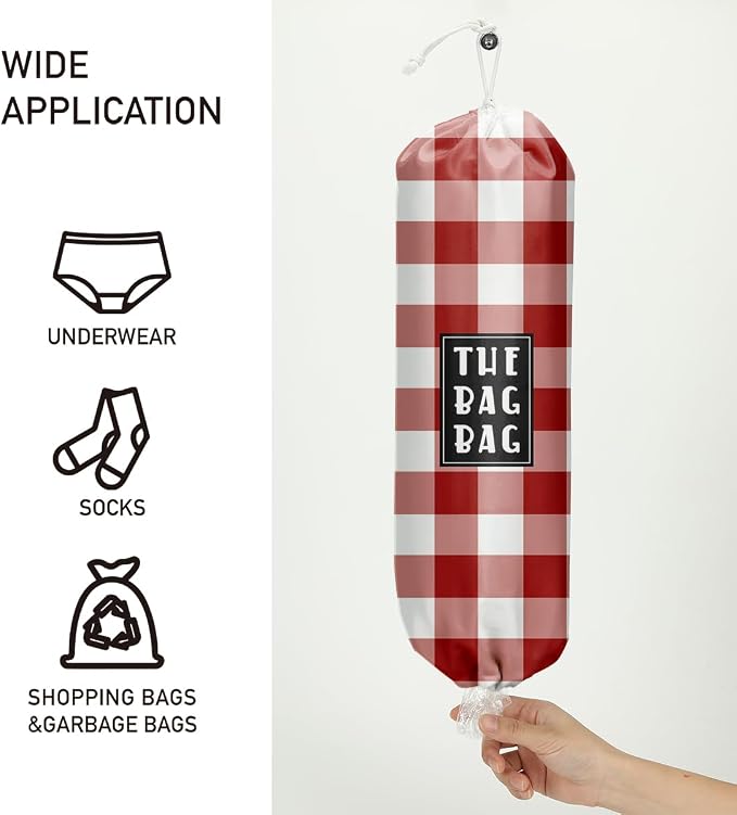 Plastic Bag Holder,Reusable And Washable Grocery Bag organizer,for Home Kitchen Travelling Camping Decor, use 1 Pack, Red And White Plaid Pattern