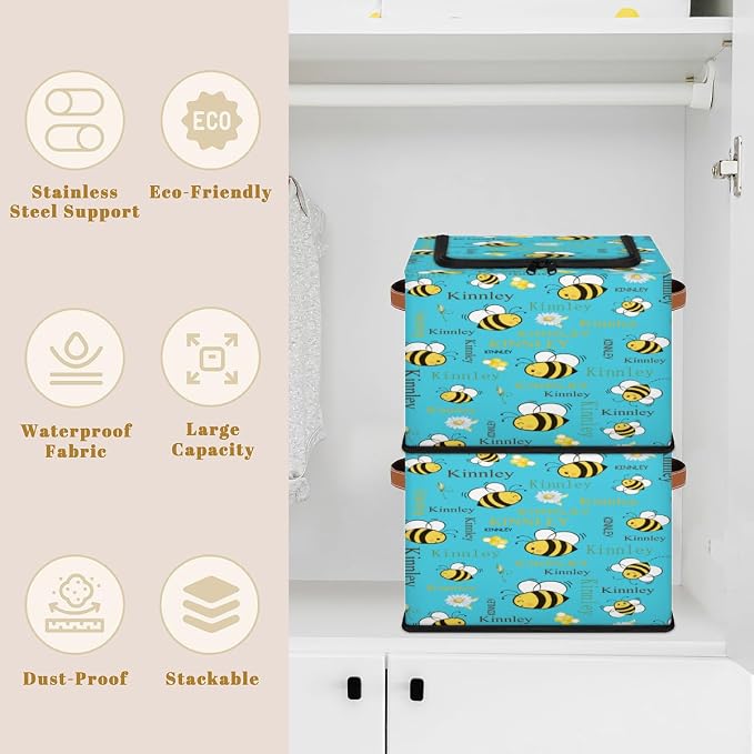 Personalized Storage Basket with Name, Cartoon Bee with Daisy Rectangle Toys Storage Bin with Zipper Lid for Baby, Boys, Girls, Collapsible Basket for Clothes, Books, Aqua Blue Background