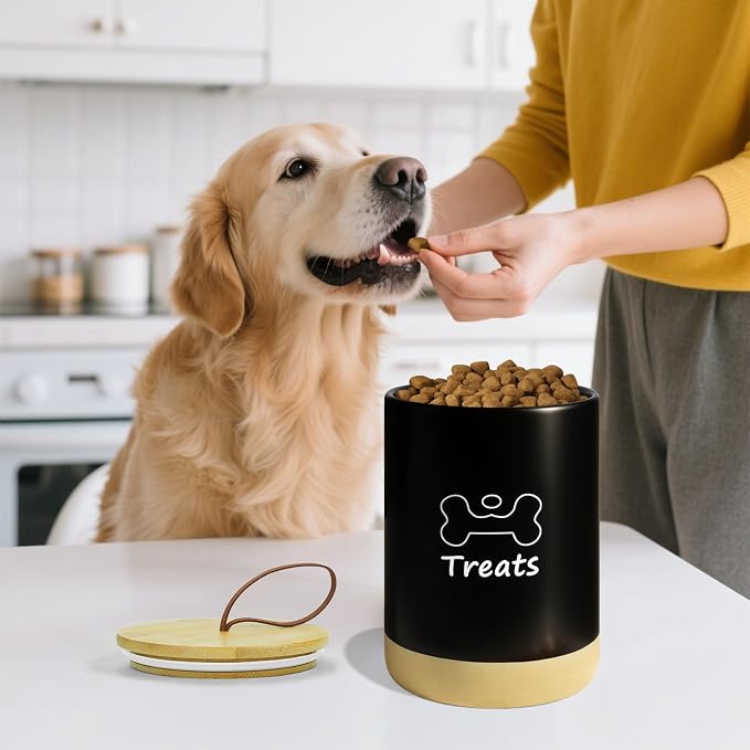 Dog Treat Container Airtight - 5 Inch Wide x 7.5 Inch Black Ceramic Dog Treat Jar for Kitchen Counter, Doggie Cookie Jar with Airtight Bamboo Lid - Farmhouse Style Dog Food Storage Container