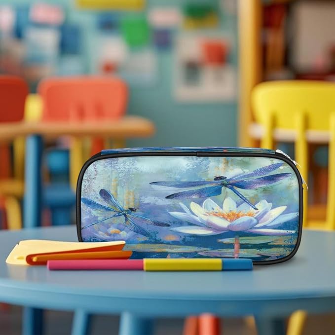 Cute Pencil Case for Girls Boys, Water Lilies Dragonfly Art Portable Pencil Bags Pouch Pen Case Organizer with Zipper for School College Office