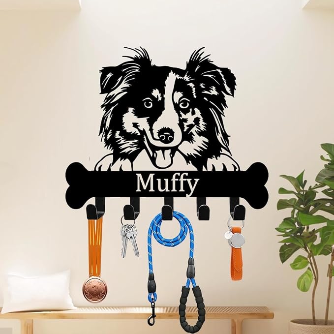Custom Dog Leash Holder, Australian Shepherd Decor, Pet Collar Hanger, Key Holder Wall Mount, Entryway Organizer, Mudroom Decor, Coat Rack, Hooks for Hanging, Hallway Rack, New Home Gift