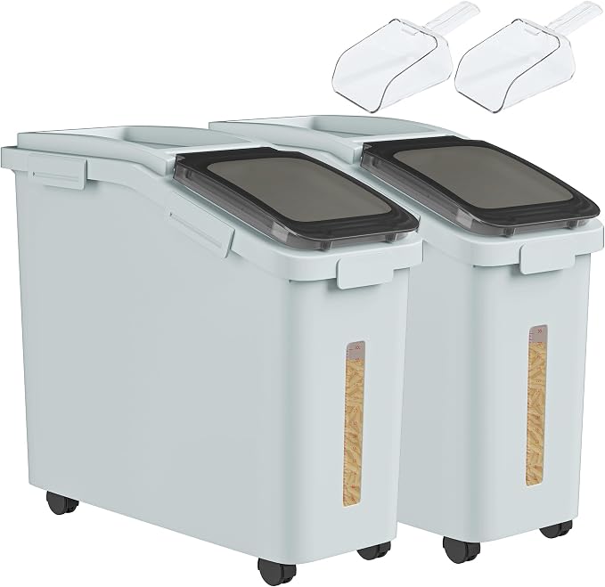 YITAHOME Ingredient Storage Bin, Large Commercial Rice Container with 11.4 Gallon Capacity, Bulk Flour Bin with Wheels, Scoop, Lid, and Scale for Kitchen,2count, Grey