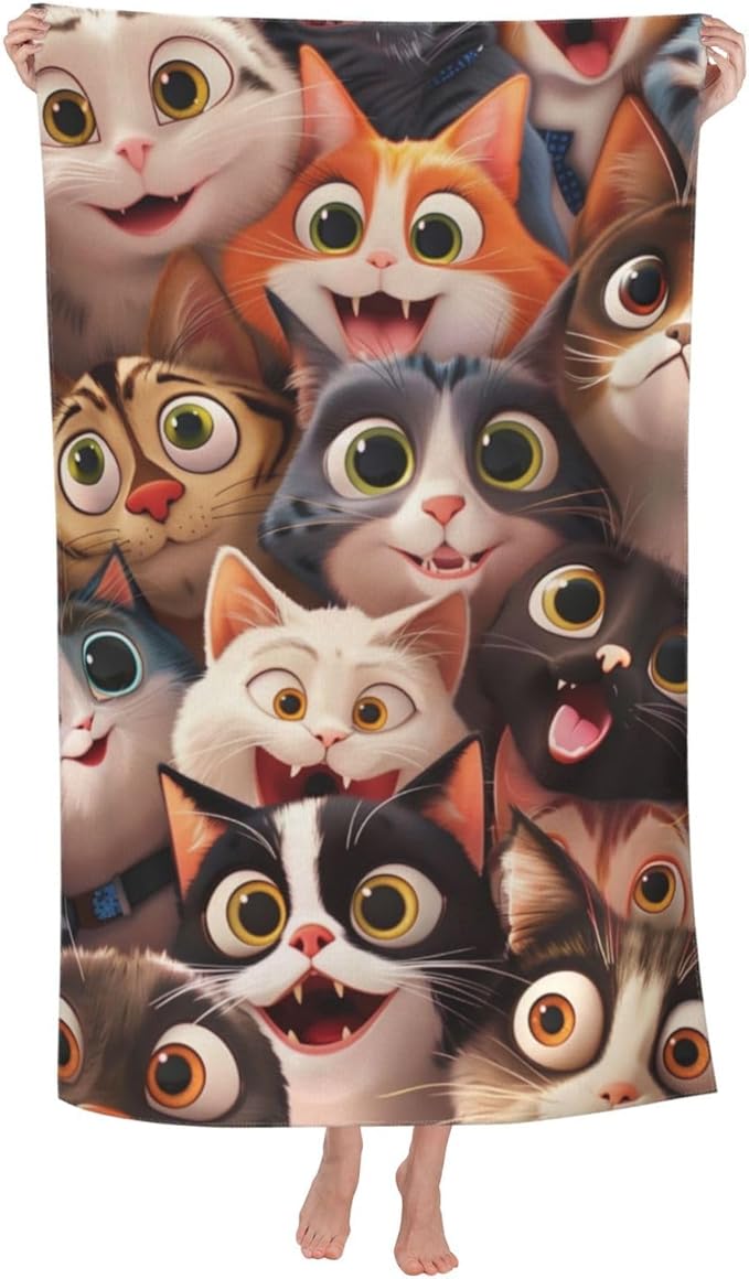 Cute Cat Beach Towel Microfiber Sand Free Colorful Kitty Towels for Adult Kids Quick Dry Ultra Absorbent Super Soft Pool Travel Swim Bath Shower Towel Gifts 52” x 32”