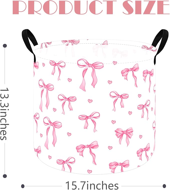 MAIZMZ 3 Pack Pink Bow Storage Basket for Girls Room, 15.7 x 13.3 Inch Round Laundry Basket with Handles,Foldable Toy Organizer Bin with Water-Resistant Lining for Nursery, Bedroom, Gifts
