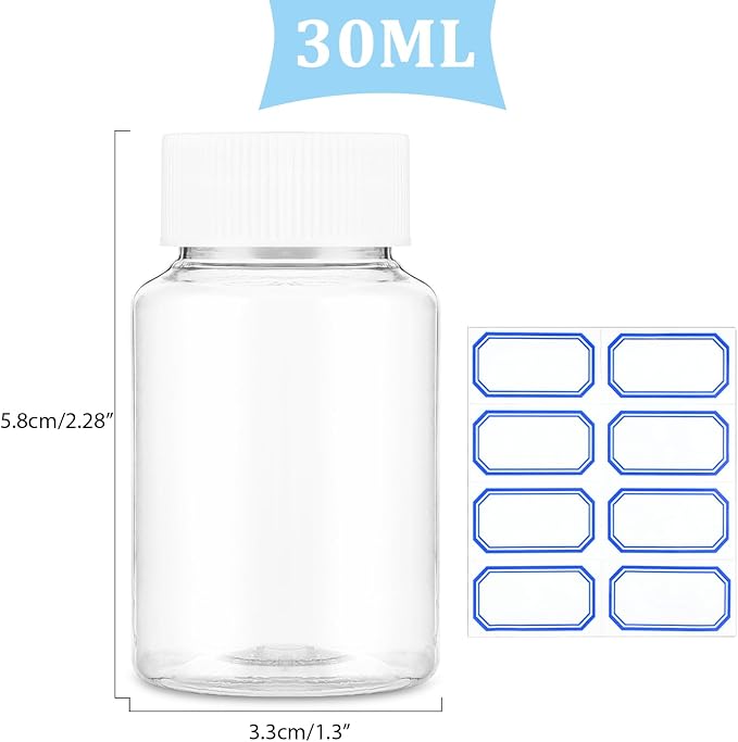 Sibba Clear Pill Bottle 6 Pcs Empty Medicine Organizers 30ML Jar Powder Box Storage Transparent Reagent Containers Plastic Dispenser Leak Proof Caps Receptacle for Toiletries Counter Labels