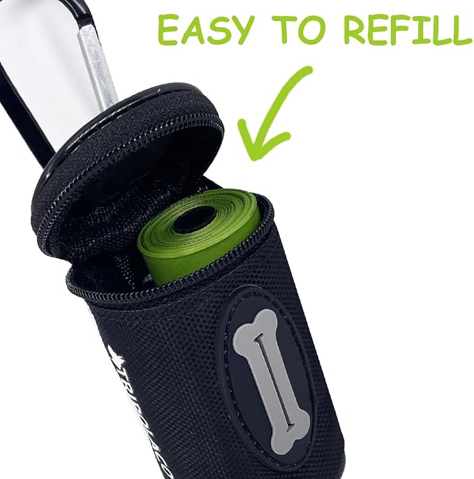 Dog Poop Bag Holder for Leash, Easy Release Doggie Poop Bag Dispenser, Fits Most Standard Poo Bags, Soft Fabric Dog Waste Bag Holder with Carabiner Clip, Compatible with All Leashes, Black