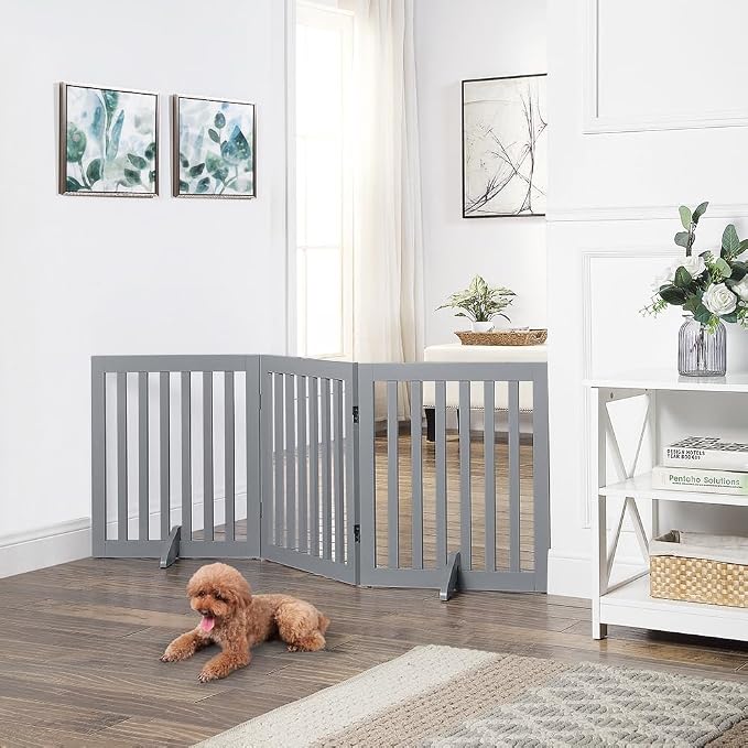 unipaws 24”H Free Standing Pet Gate for Dog Cat, 60”Wide Wooden Dog Gates | Foldable Pet Fence for Doorway, Stairs, Step, Expandable Doggy Barrier, Indoor Use