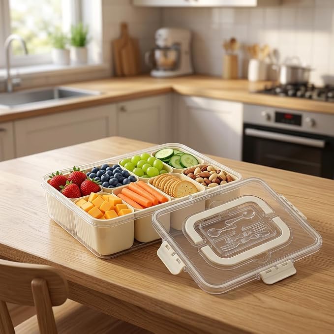 Snackle Box Container 2 Pack | Snack Box Container with Lid, BPA-Free 8-Compartment Divided Serving Tray & Snack Tray with Built-In Utensil Tray | Snack Tackle Box Organizer for Adults & Kids