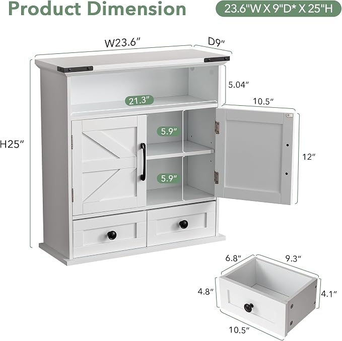 Bathroom Wall Cabinet with Motion LED Light, 23 x 25 Inch, White | Farmhouse over-toilet medicine cabinet with safety drawers, 9-inch depth, and a water-resistant white finish.