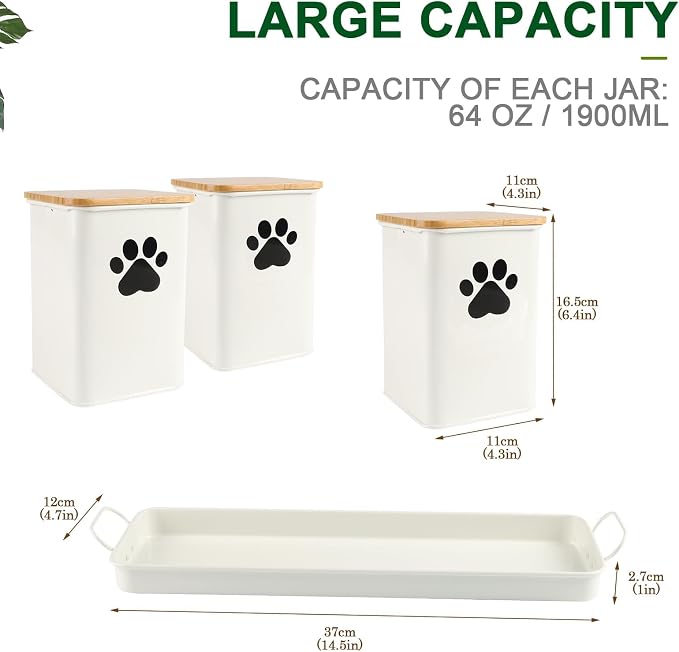 Set of 3 Metal Dog Treat Jars,60oz Airtight Dog Treat Container with Bamboo Lids,Cat Treat Canister,Puppy Cookie Container for Kitchen Counter,Coated Galvanized Steel-White