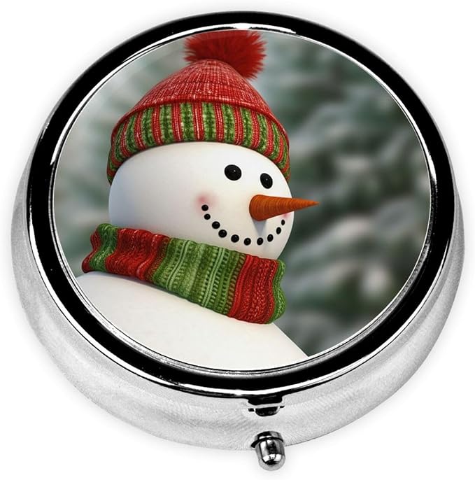 Round Pill Box Smile Gaze Snowman Pill Case for Purse & Pocket 3 Compartment Pill Organizer Portable Travel Pillbox Medicine Pill Holder Container for Daily Vitamin Cod Liver Oil Storage