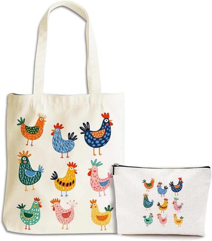 Colorful Aesthetic Cute Chicks Chicken Gifts for Women Girls Sister Chicken Lovers Mom Makeup Bag Cosmetic Bags Canvas Tote Bag, Reusable Grocery Bags with Inner Birthday Christmas Graduation