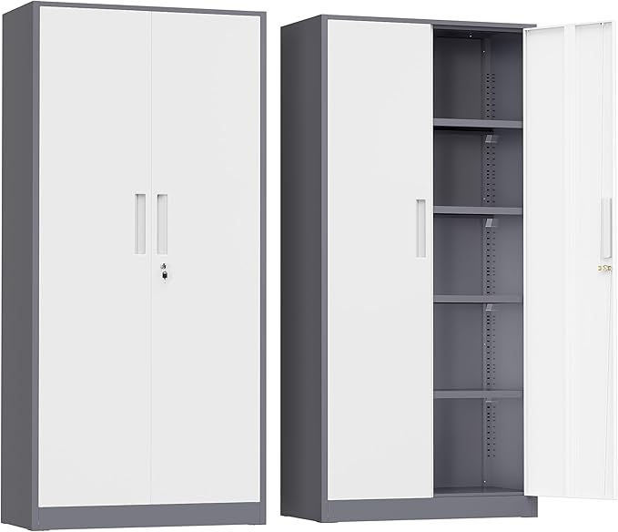 Greenvelly Metal Garage Storage Cabinet, 72" Steel Locking Storage Cabinet with 2 Doors and 4 Adjustable Shelves, Metal Tool Cabinets, Lockable File Cabinets for Home Office, Garage (Gray White)