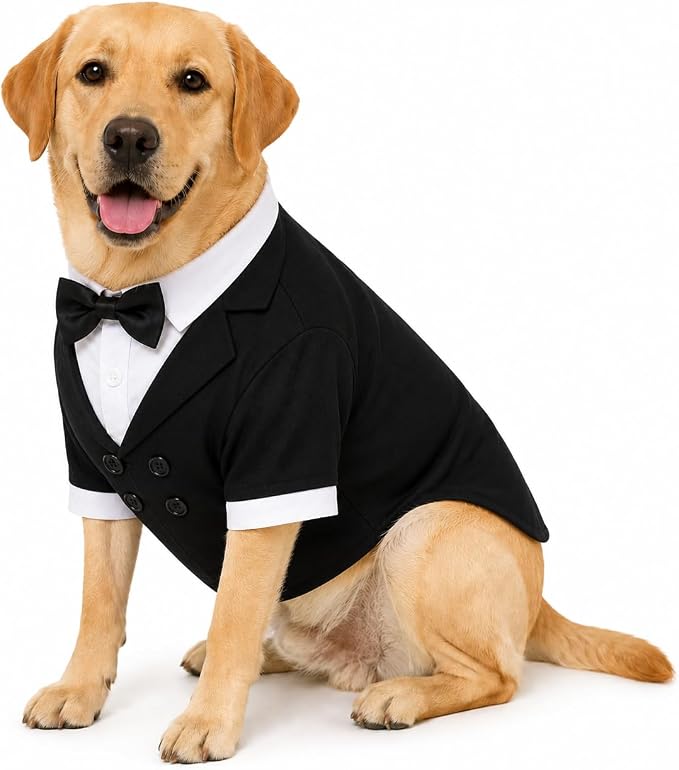 Lovelonglong Pet Costume Dog Suit Formal Tuxedo with Black Bow Tie for Large Dogs Golden Retriever Clothing L-XL