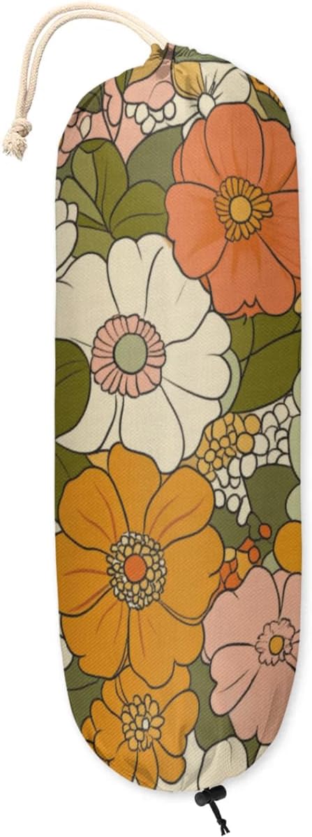 Colorful Sunflower Plastic Bag Holder Daisy Roses Floral Grocery Bag Storage Dispenser Washable Hanging Shopping Bags Carrier Reusable Wall Mount Trash Bag Organizer for Kitchen Pantry