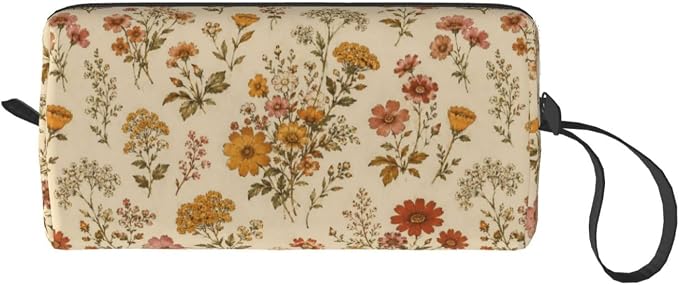 70s Vintage Wildflower Makeup Bag for Women | Small Travel Cosmetic Pouch with Zipper, Compact Makeup Organizer Bag for Purse, Toiletries, Skincare & Daily Essentials